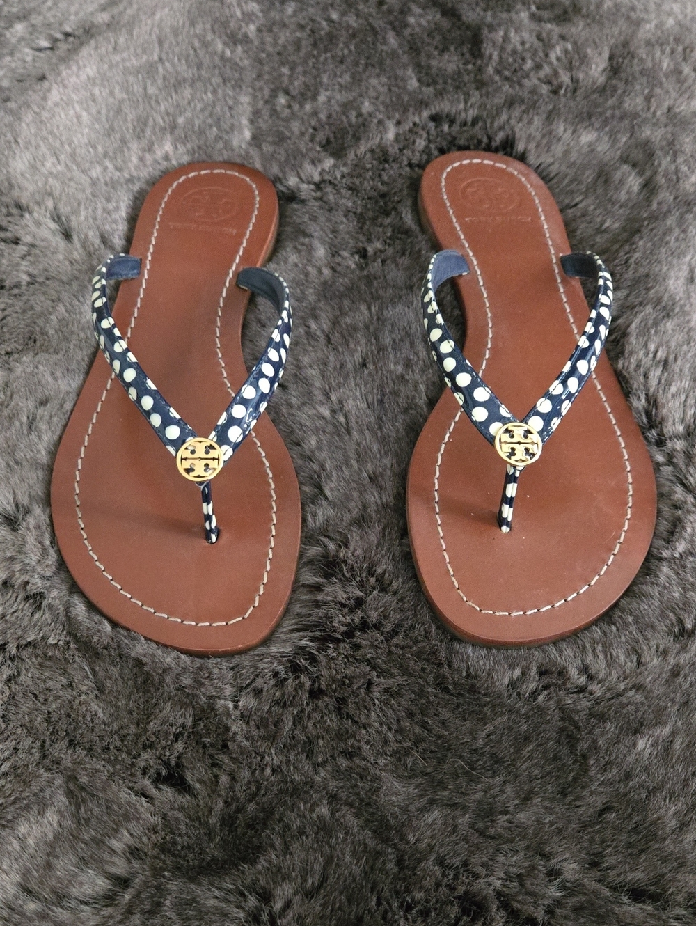 Tory Burch Navy Polka Dot Thong Sandals with Gold Logo